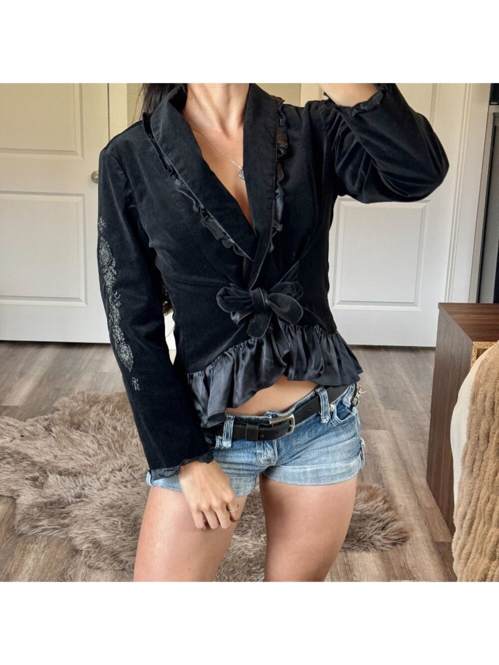 Nic + Zoe Black Velvet Victorian Blazer Womens M Silk Ruffle Embroidered Whimsy